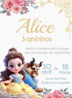 Convite de Aniversário Bela e a Fera para Editar Online