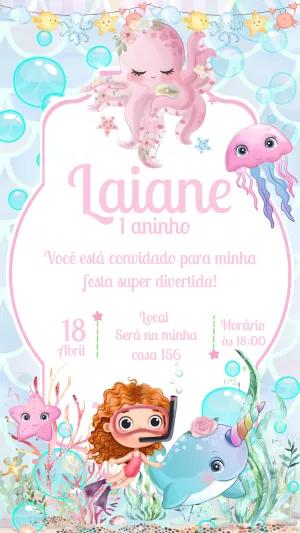 Convite de Aniversário Fundo do Mar Menina para Editar Online