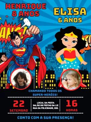 Convite Aniversário Duplo Super-Heróis com Foto para Editar
