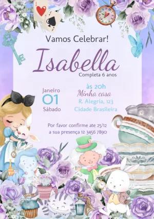 Convite Aniversário Alice no País das Maravilhas para Editar Online