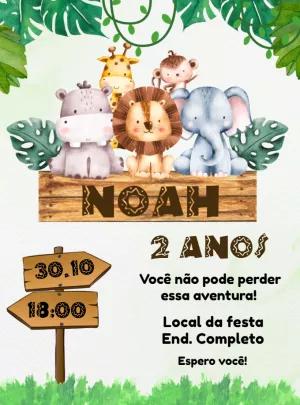 Convite Aniversário Safari com Animais Fofos para Editar Online
