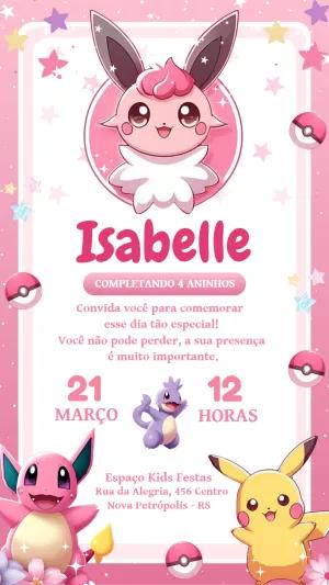 Convite de Aniversário Pokémon Rosa para Editar Online
