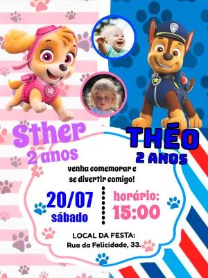Convite Aniversário Duplo Patrulha Canina com Foto para Editar