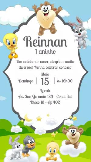 Convite Aniversário Looney Tunes Baby para Editar Online