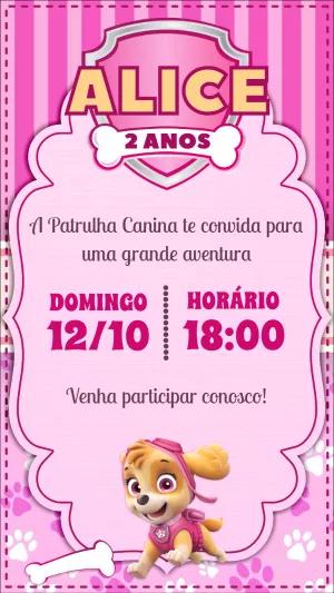 Convite Aniversário Patrulha Canina Skye Rosa para Editar Online