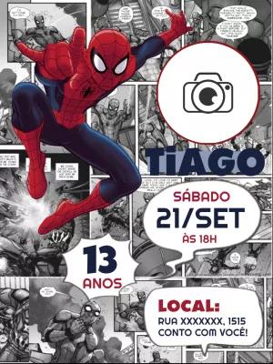 Convite Aniversário Homem Aranha Quadrinhos com Foto para Editar