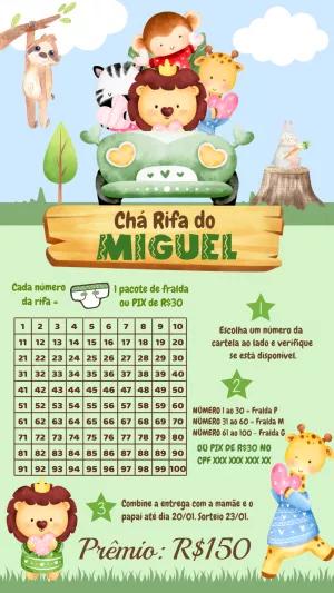 Convite Chá Rifa Safari com Animais Fofos para Editar Online