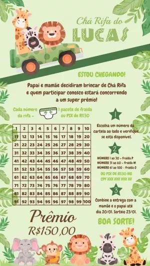 Convite Chá Rifa Safari com Animais para Editar Online