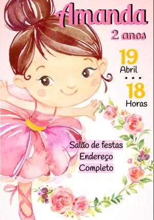 Convite de Aniversário Bailarina Aquarela para Editar Online