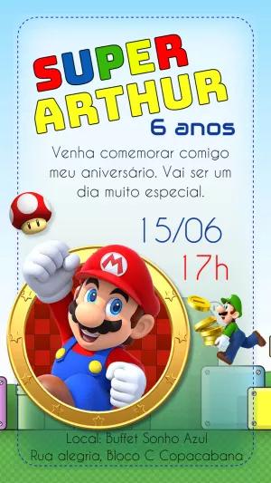 Convite de Aniversário Super Mario para Editar e Imprimir