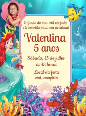 Convite Aniversário Pequena Sereia com Foto para Editar Online