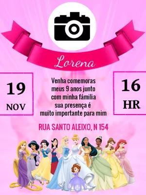 Convite Aniversário Princesas com Foto para Editar Online