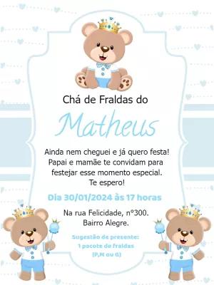 Convite Chá de Fraldas Ursinho Príncipe para Editar Online