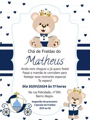 Convite Chá de Fraldas Ursinho Príncipe para Editar Online