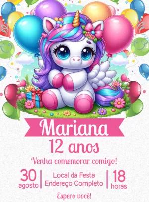 Convite de Aniversário Unicórnio Fofo para Editar Online