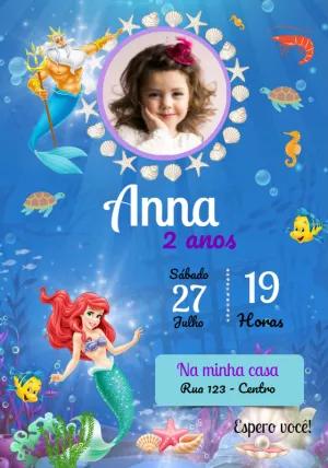 Convite Aniversário A Pequena Sereia com Foto para Editar Online