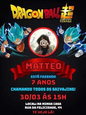 Convite de Aniversário Dragon Ball Super com Foto para Editar