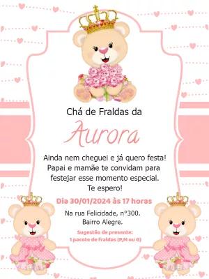 Convite Chá de Fraldas Ursinha Princesa Rosa para Editar Online