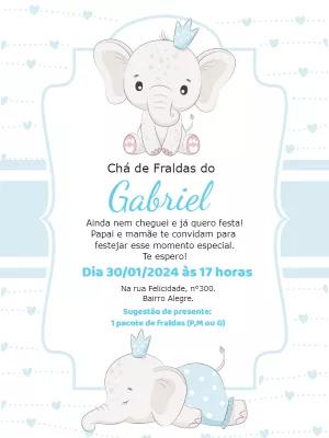 Convite Chá de Fraldas Elefantinho Azul para Editar Online