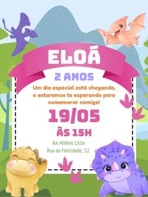 Convite Aniversário Dinossauro Menina para Editar Online