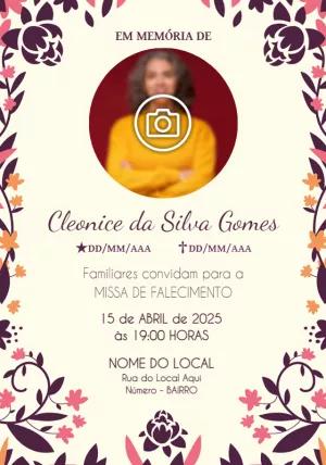Convite Missa de Falecimento Floral com Foto para Editar Online