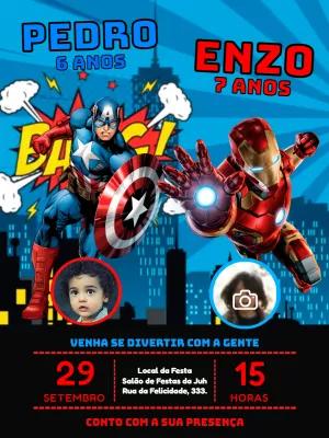 Convite Aniversário Duplo Vingadores com Foto para Editar
