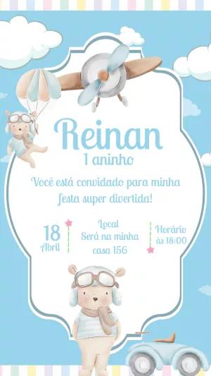 Convite Aniversário Ursinho Aviador para Editar Online