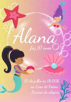 Convite de Aniversário Sereia Fofa para Editar e Personalizar