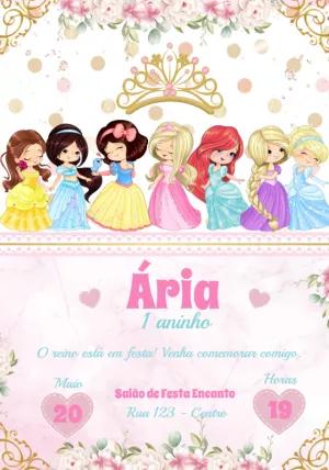 Convite Aniversário Princesas Cute para Editar Online