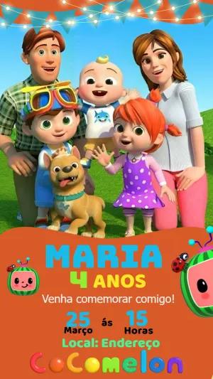 Convite de Aniversário Cocomelon com Personagens para Editar