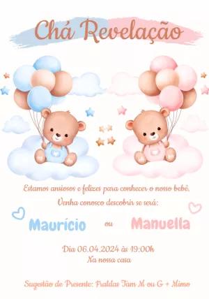 Convite Chá Revelação Ursinhos Baloeiros para Editar Online
