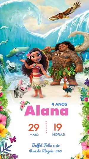 Convite de Aniversário Moana com Personagens para Editar Online