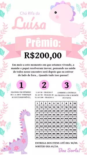 Chá Rifa Dinossauro Rosa Menina para Editar Online