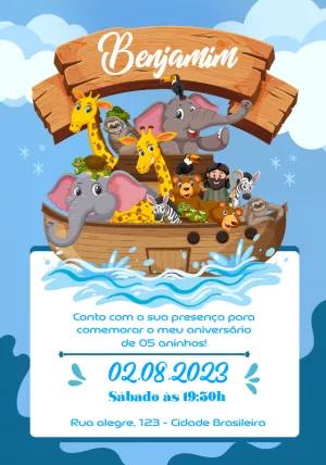 Convite Aniversário Arca de Noé com Animais para Editar Online