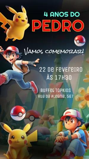 Convite de Aniversário Pokémon com Ash e Pikachu para Editar