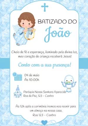 Convite de Batizado Menino Anjo Azul para Editar Online