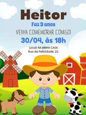 Convite Aniversário Fazendinha com Animais para Editar Online