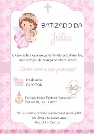 Convite Batizado Menina Anjinha Rosa para Editar Online