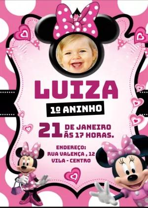 Convite Aniversário Minnie Rosa com Foto para Editar Online