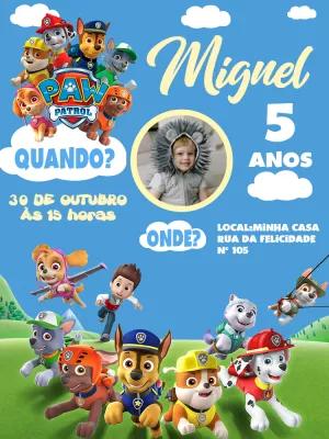 Convite Aniversário Patrulha Canina com Foto para Editar Online