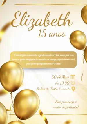 Convite de 15 Anos Dourado com Balões para Editar Online