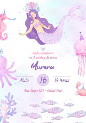 Convite de Aniversário Sereia Fundo do Mar para Editar Online