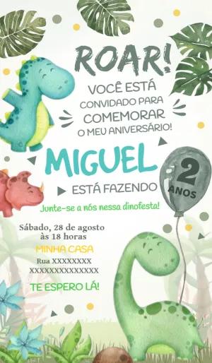 Convite de Aniversário Dinossauro Aquarela para Editar Online