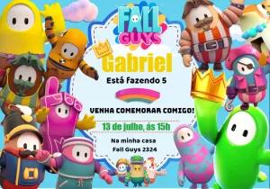 Convite Aniversário Fall Guys com Personagens para Editar Online