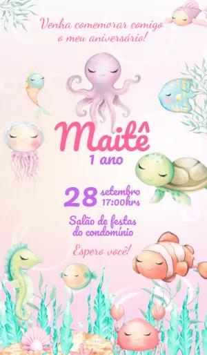 Convite Aniversário Fundo do Mar com Animais para Editar Online