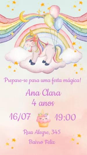 Convite Aniversário Unicórnio e Arco-íris para Editar Online