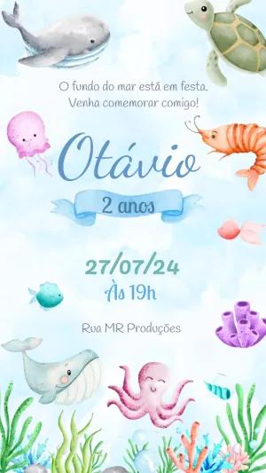 Convite Aniversário Fundo do Mar Aquarela para Editar Online