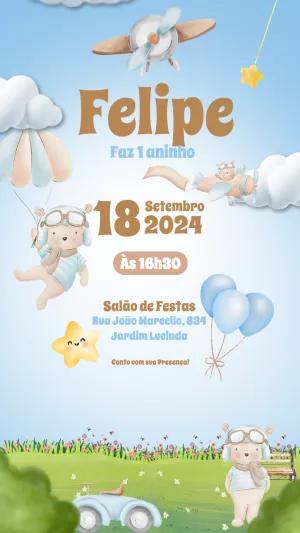 Convite Aniversário Ursinho Aviador para Editar Online