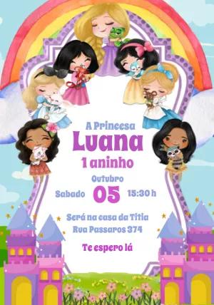 Convite Aniversário Princesas Cute para Editar Online