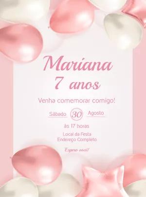 Convite de Aniversário com Balões Rosa e Branco para Editar Online